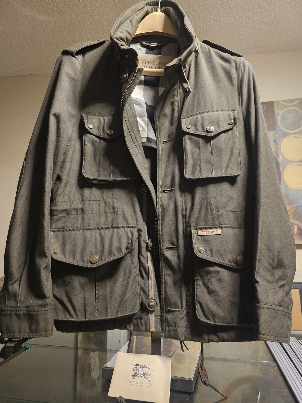 Burberry Olive Green Military Field Jacket with Flap Pockets and Epaulettes